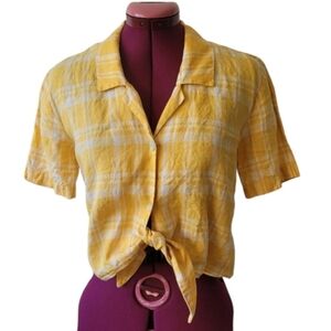 Aritzia Wilfred Free 100% Linen Plaid Front Tie Collard V-Neck Blouse, Size XXS